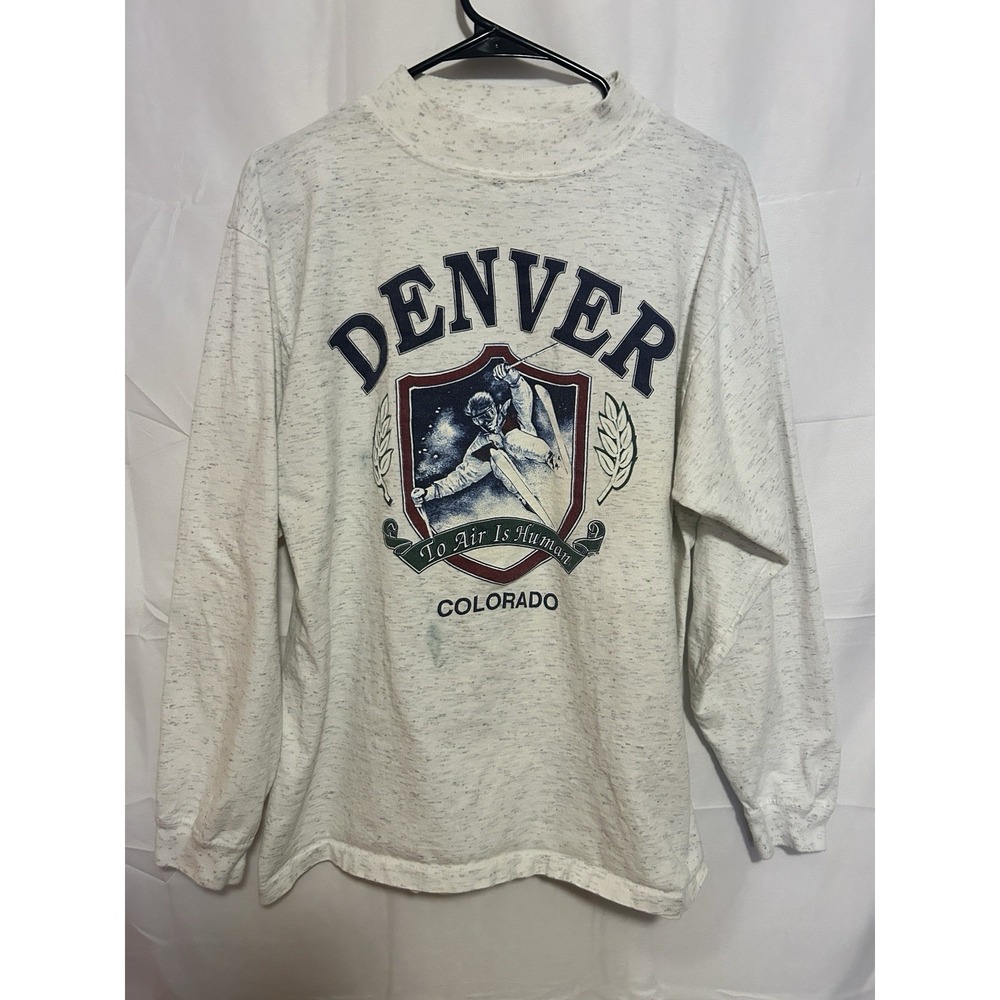 Vintage Alore Denver Colorado To Air Is Human Mock Neck Long Sleeve Shirt L USA